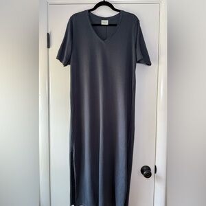 WRAP London Hemp & Organic Cotton V-Neck Midi T-Shirt Dress Navy Gray Size 8